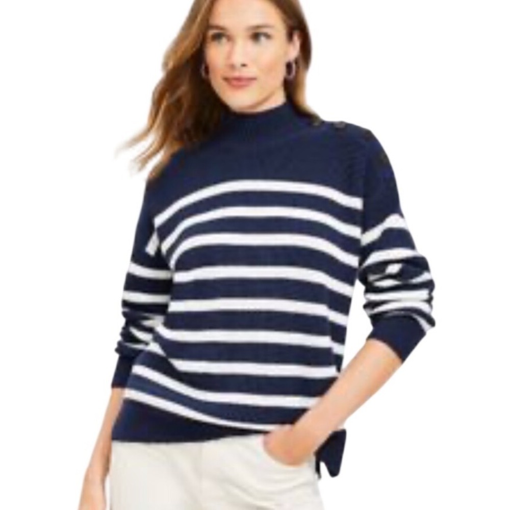 Loft Navy White Striped Mock‎ Neck Sweater Coastal Preppy Nautical Chic medium